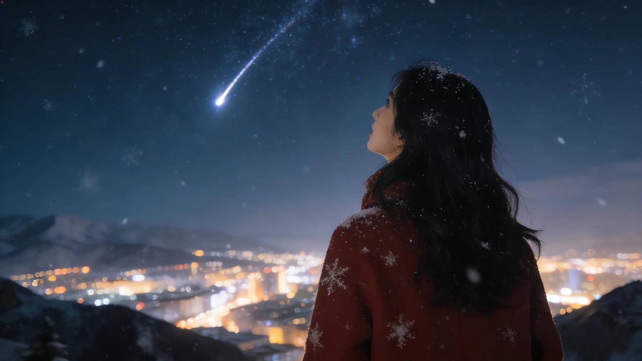 新年的夜晚 远方城市灯光 女孩独自看流星 星空4k风景壁纸