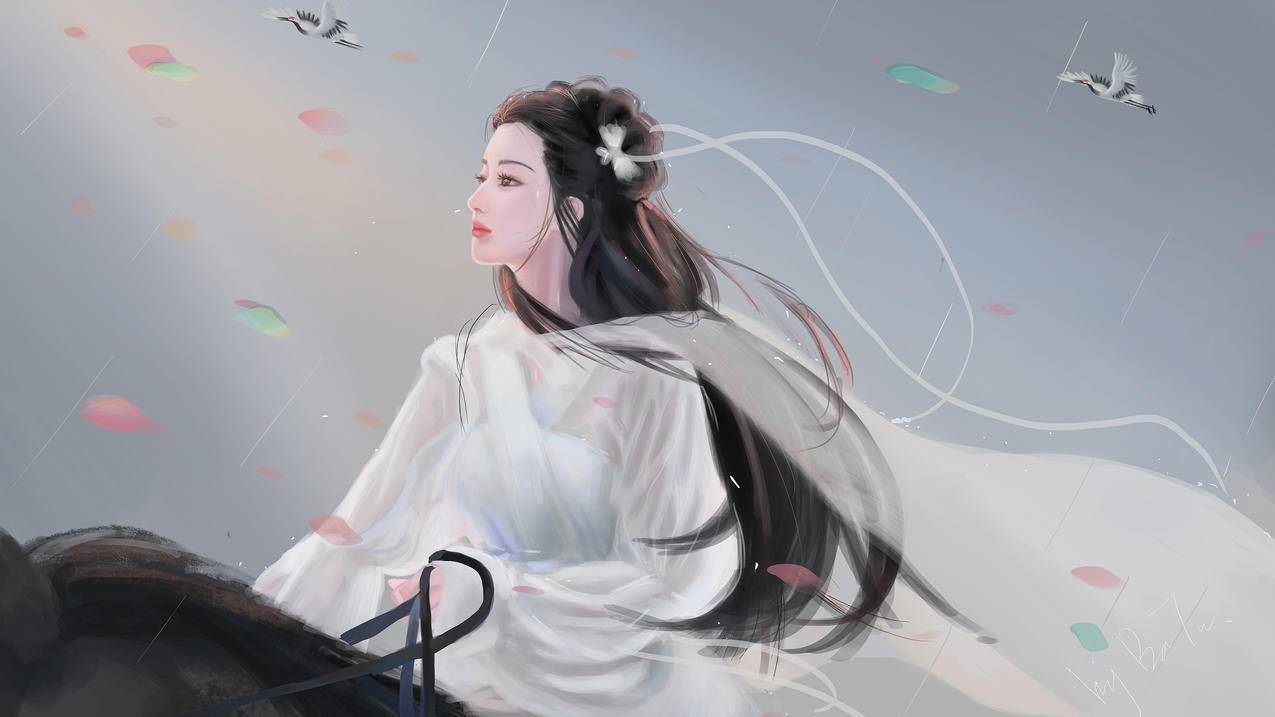 巴图BaTu 原创 古风白衣女孩 骑马 花瓣雨 鹤 阳光 5K高清动漫壁纸