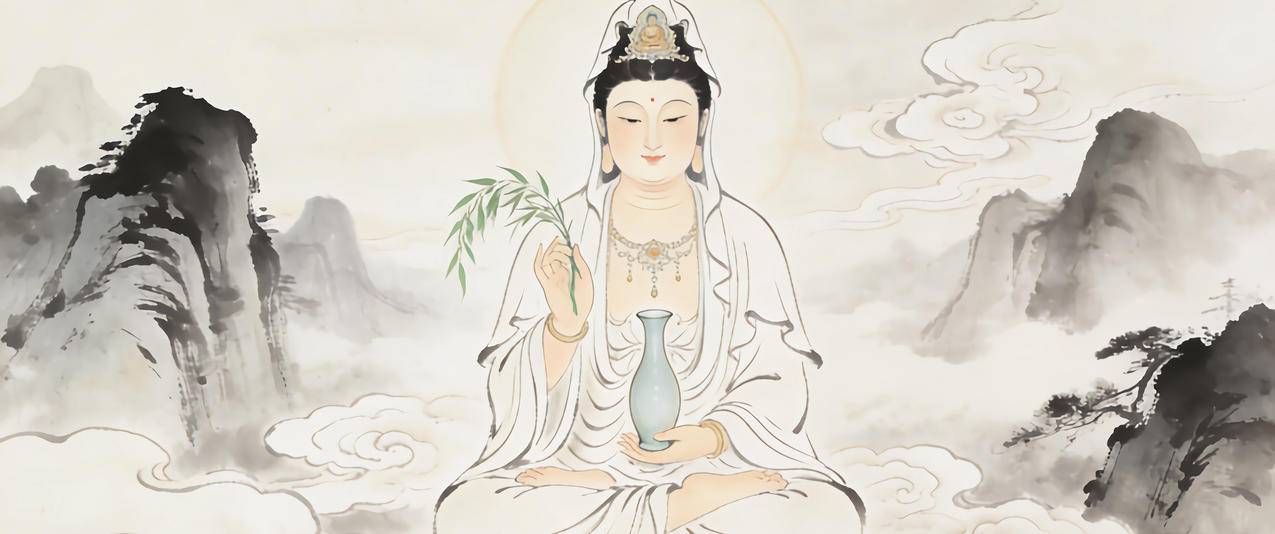 观音 玉净瓶 水墨风3440x1440带鱼屏壁纸免费