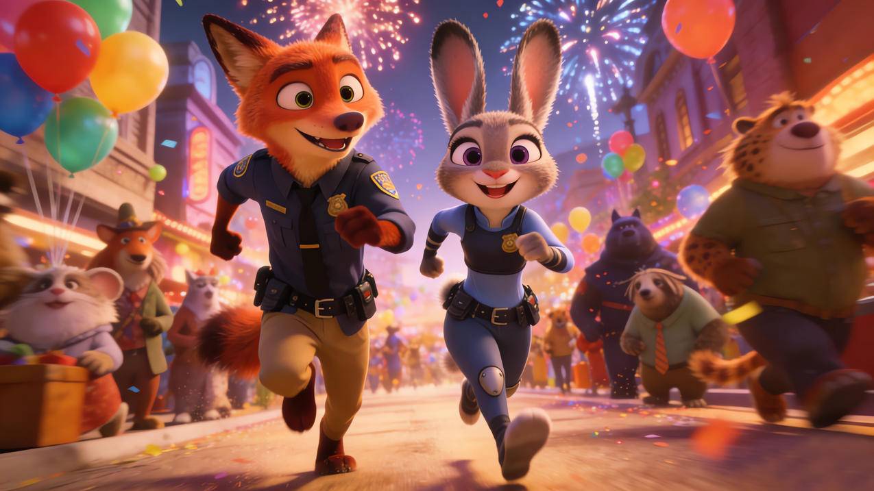 新年 烟花 热闹街市 朱迪狐尼克 奔跑 4K壁纸3840x2160