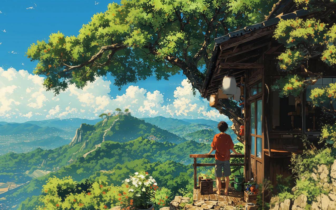山居夏望 山 小房子 男孩看着远方风景 4K壁纸 3840x2400