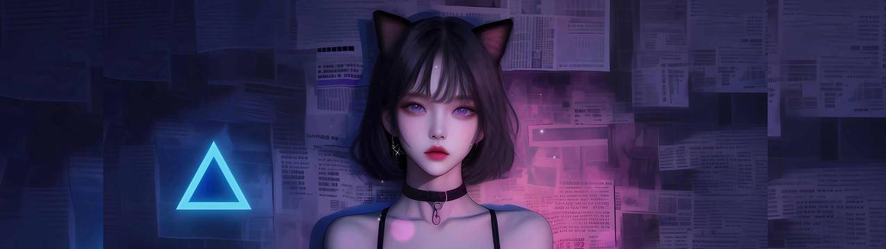 个性少女 兽耳 猫耳 报纸墙 3840x1080双屏壁纸