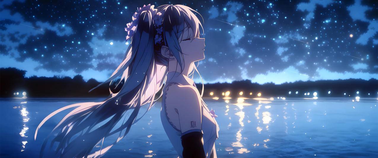 初音未来 湖畔星辰 3440x1440带鱼屏壁纸