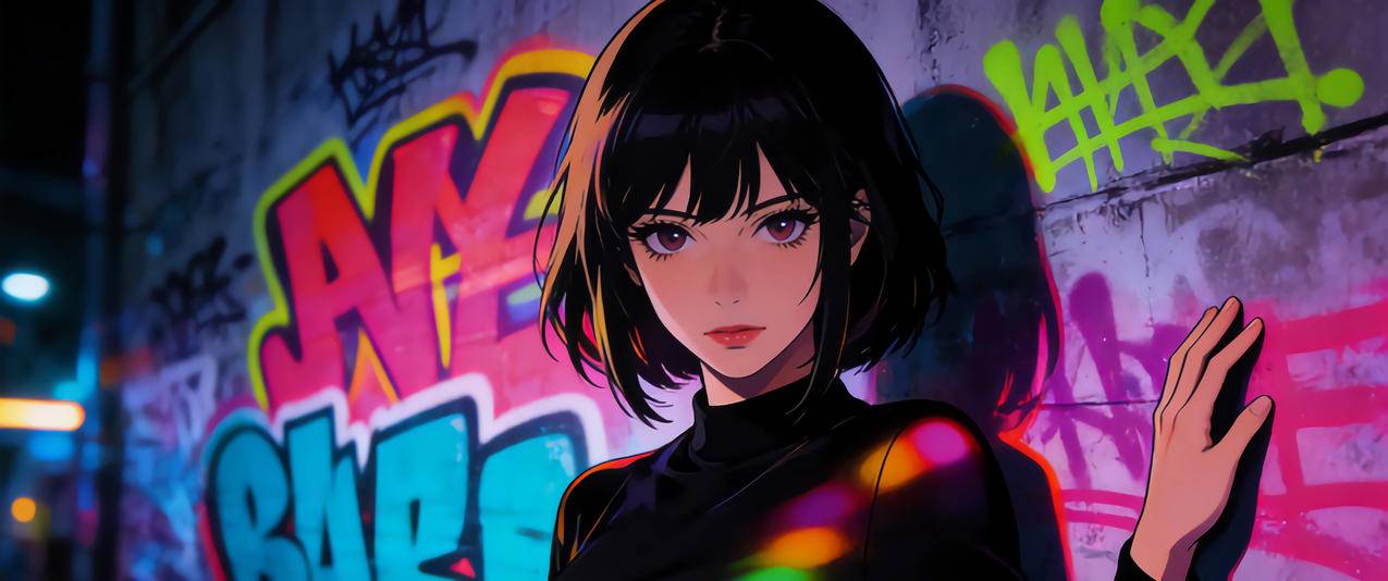 黑色衣服气质美女短发 涂鸦墙 3440x1440带鱼屏动漫壁纸