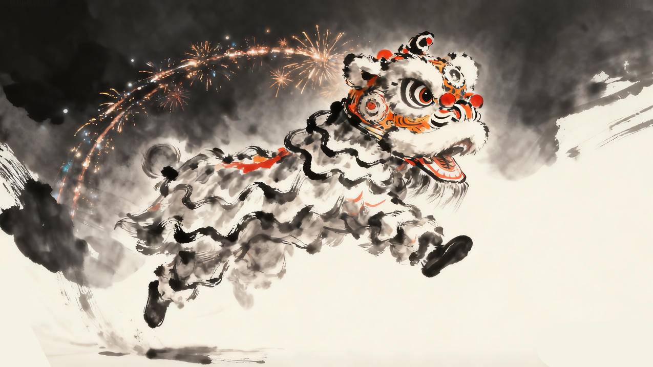 2026舞狮 新年 烟花 水墨风4k壁纸