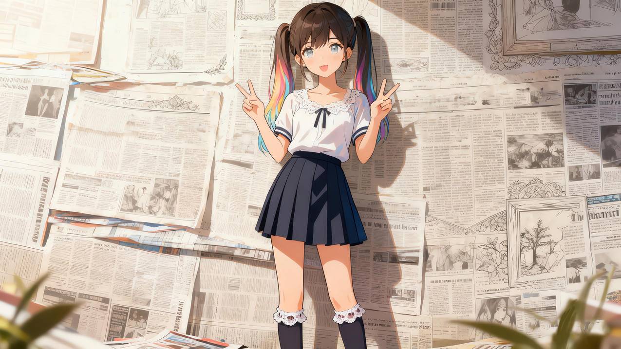 报纸墙 可爱小女孩 双马尾辫 百褶裙 v手势 4k动漫壁纸