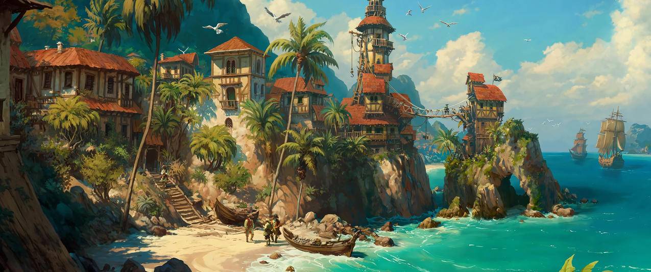 《Forge of Empires》海岸 棕榈树 海 帆船 3440x1440游戏带鱼屏壁纸