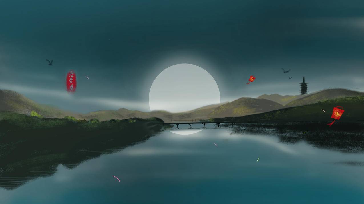 七夕 厚涂 山水画 忘忧草 5K高清壁纸 5120x2880
