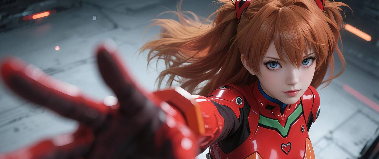明日香 红色机械服 伸出五指 3440x1440带鱼屏壁纸