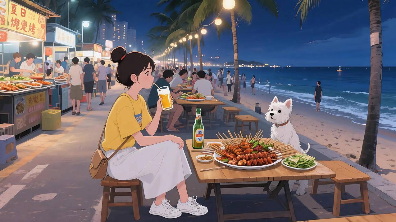夏夜海边烧烤 女生与宠物狗 4K壁纸 3840x2160