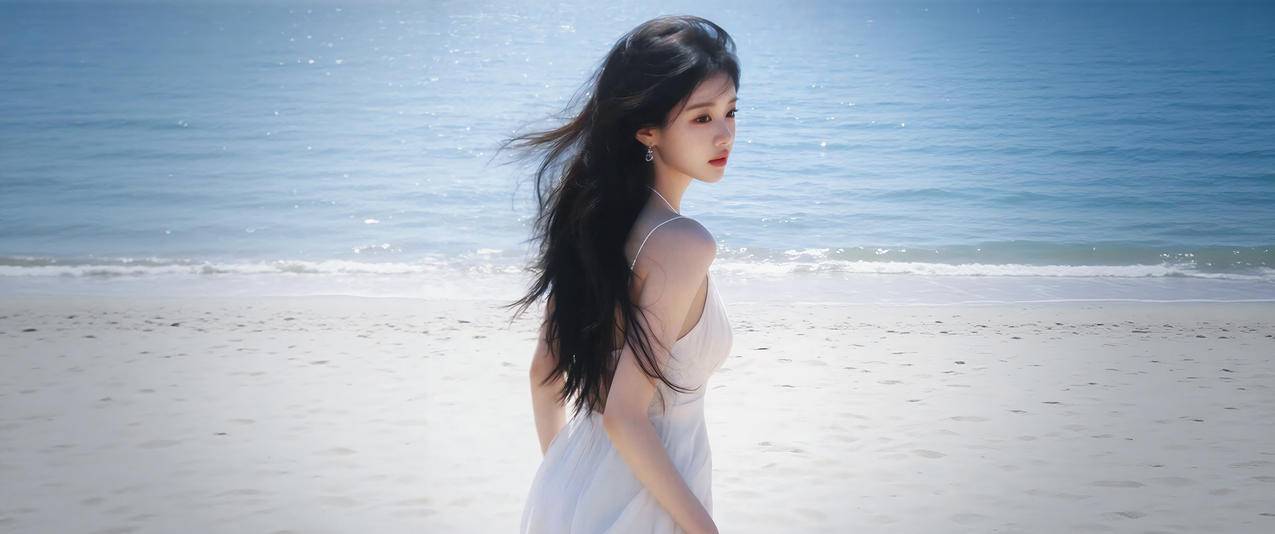 海滩 白裙优雅美女 回眸 3440x1440带鱼屏壁纸