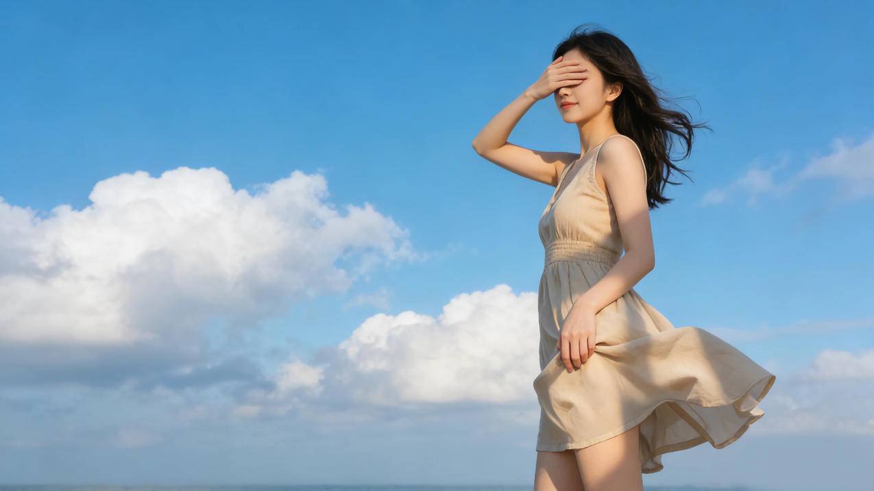 蓝天白云 清新美女 一手蒙着眼睛 4k壁纸