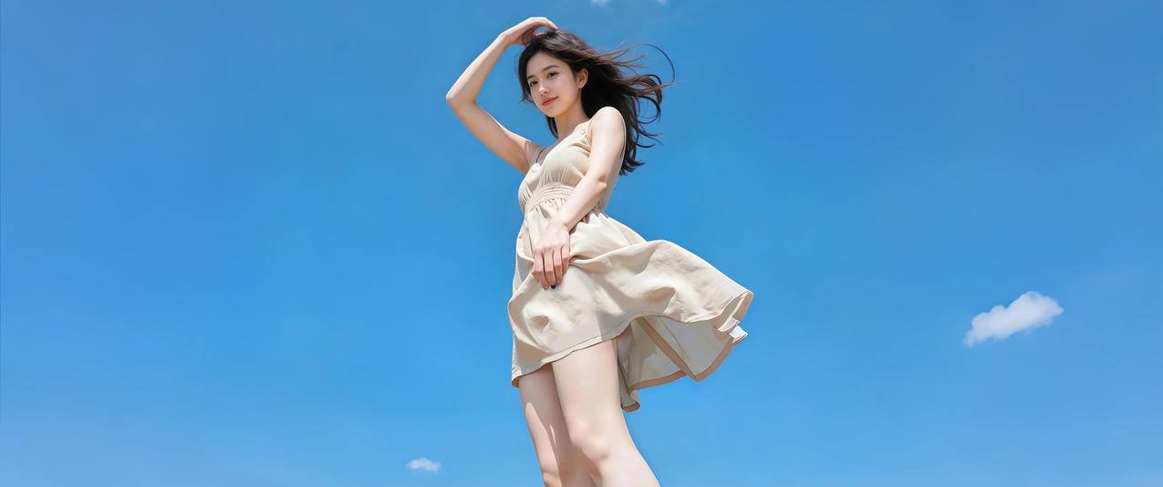 晴天 蓝天白云 阳光美女连衣裙 3440x1440带鱼屏壁纸