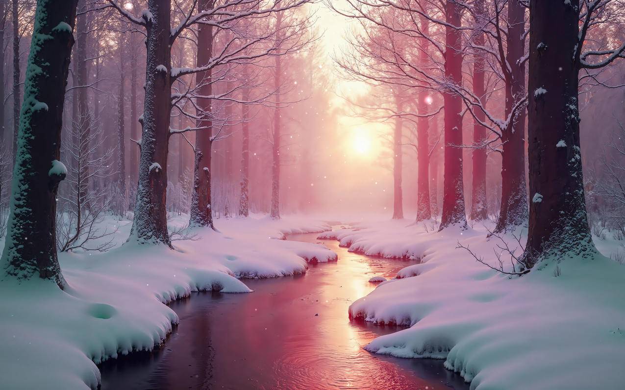 粉色的冬季风景 树林 小溪 美丽雪景4k壁纸3840x2400