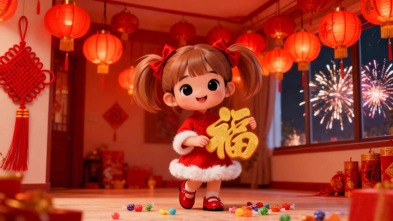 2026新年到 可爱小女孩 客厅挂满灯笼 迎接新年 喜庆 4K壁纸