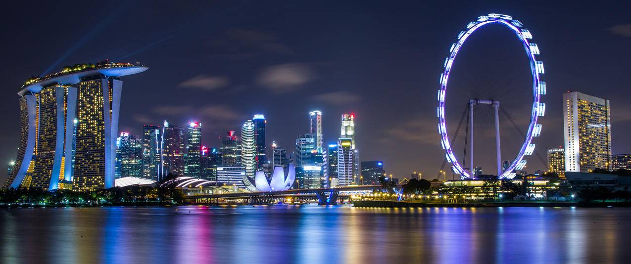 海边城市夜灯摩天轮风景带鱼屏壁纸