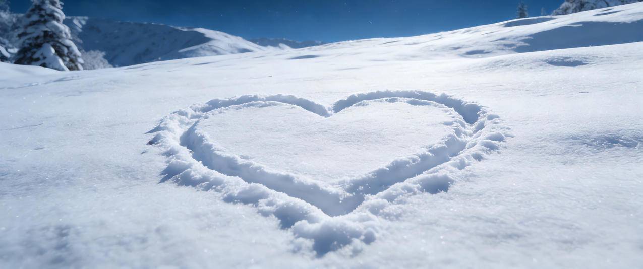 冬天 夜晚 星空 月亮 雪地 爱心3440x1440带鱼屏壁纸免费