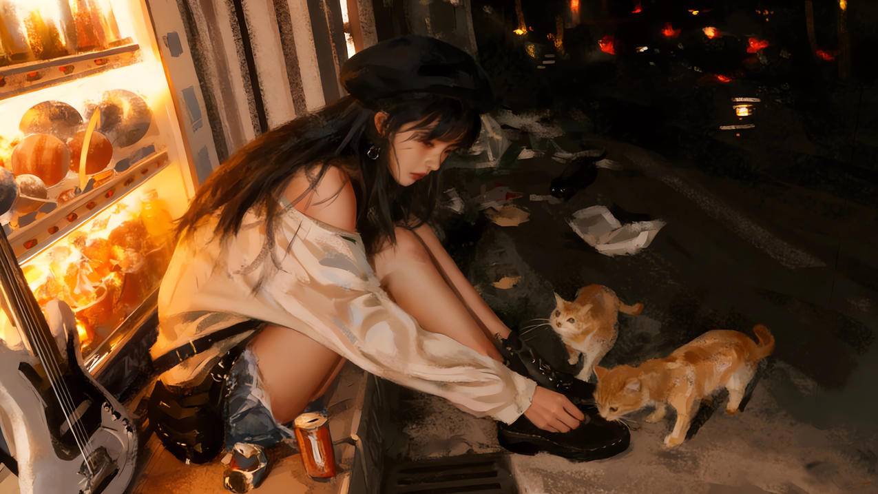 晚上 少女 帽子 流浪猫 4K动漫壁纸