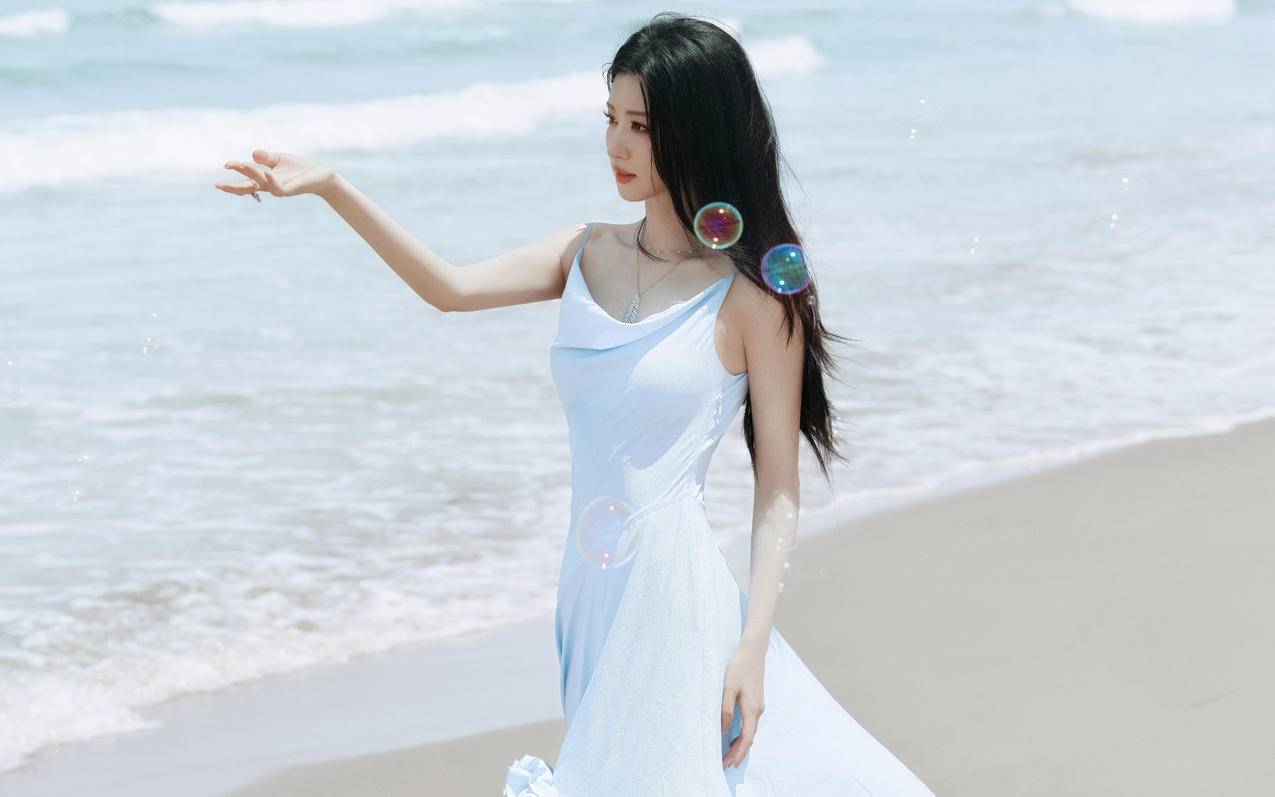 海边海滩美女 王楚然 蓝色裙子 4K壁纸 3840x2400