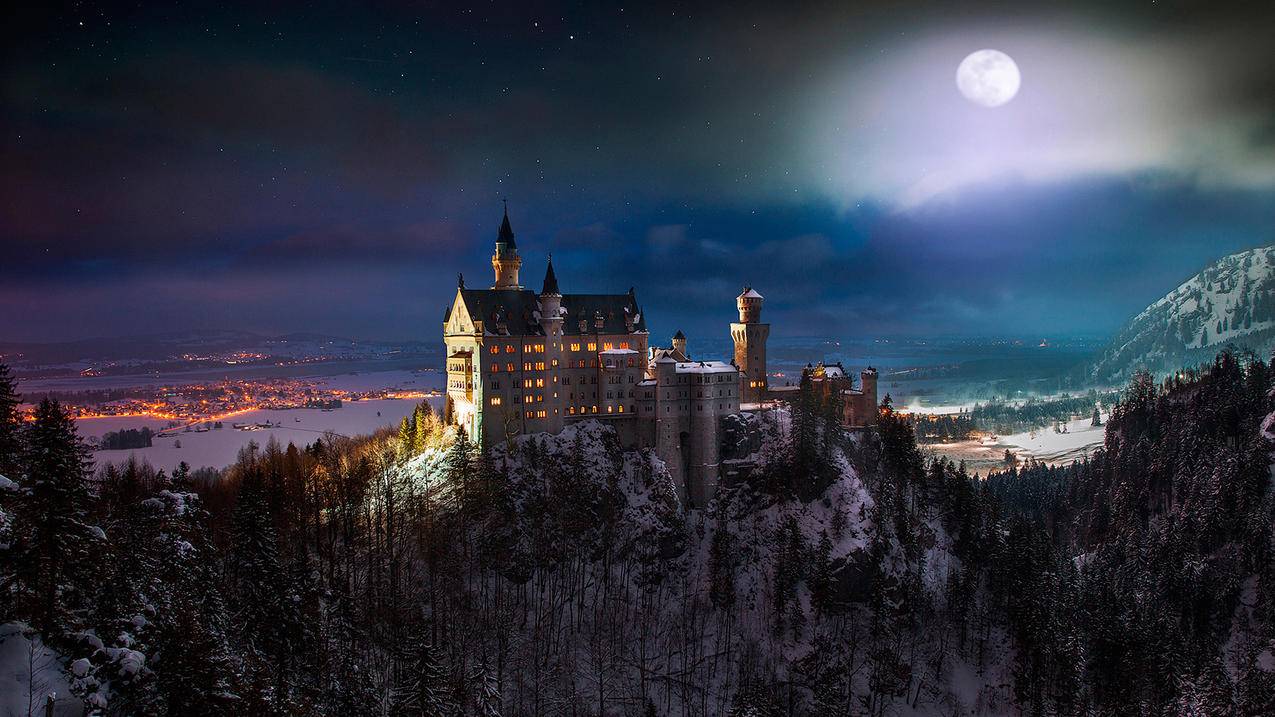 风景自然风光月亮德国福森古堡城堡高清壁纸