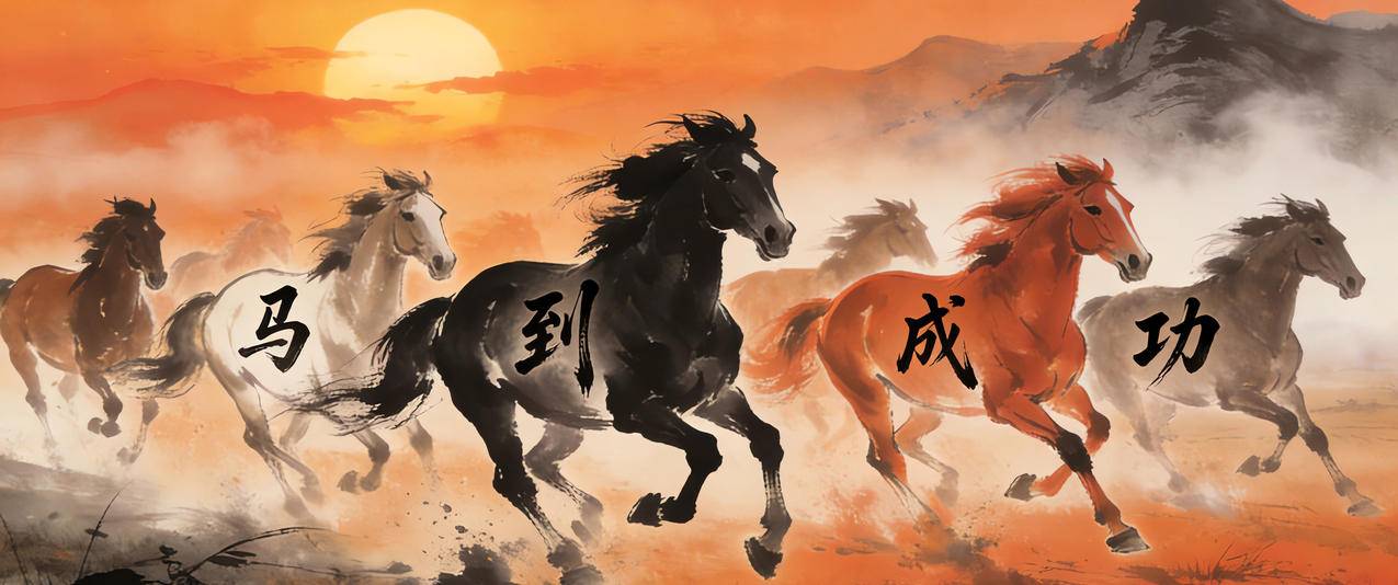 日出 马到成功 骏马 水墨风 3440x1440带鱼屏壁纸