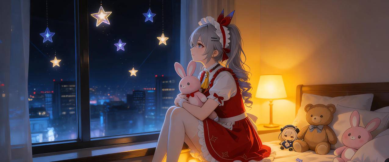晚上 女生房间 台灯 小女孩 小兔 小熊 窗 星星 3440x1440带鱼屏壁纸