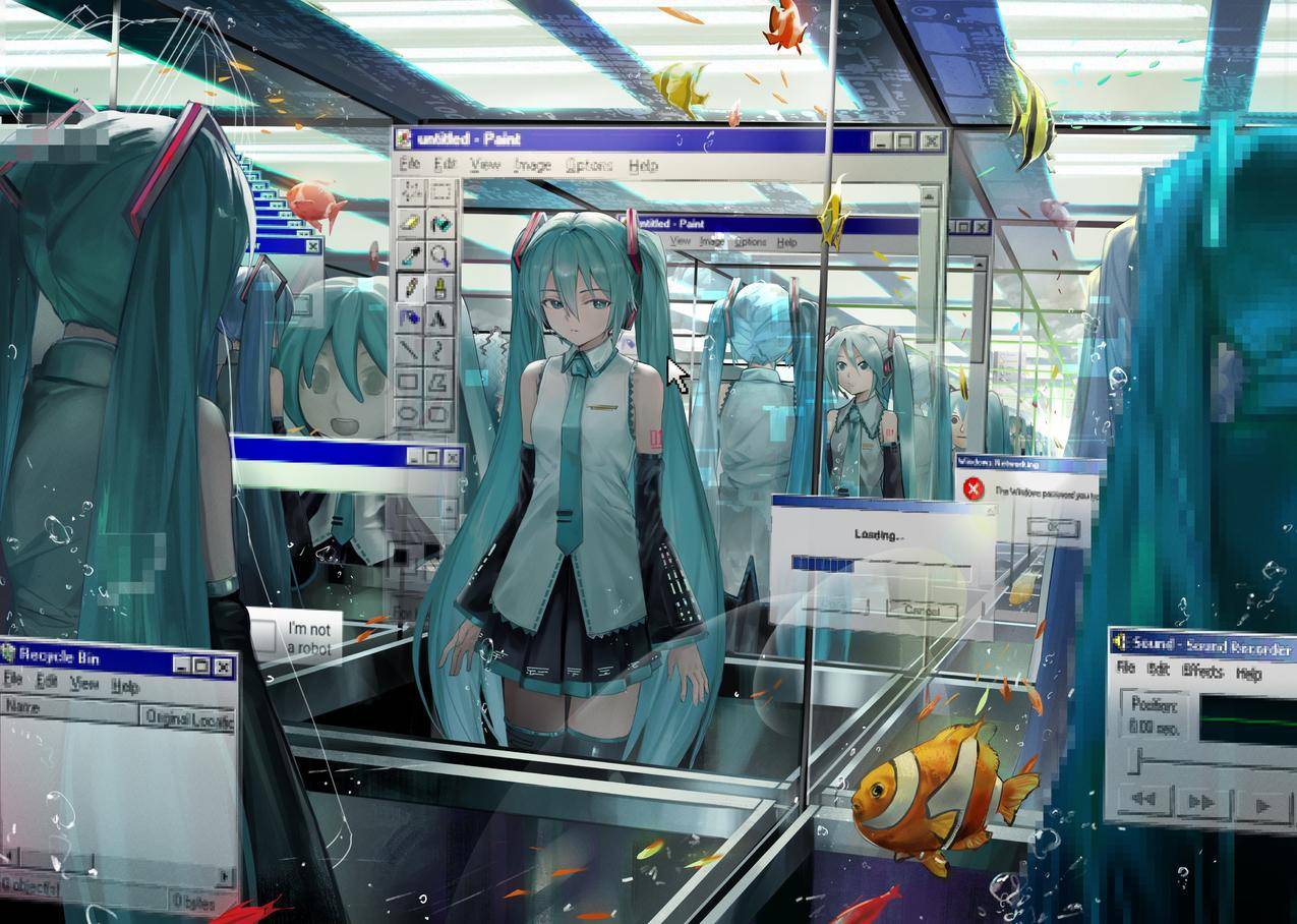 初音未来 站立 长发 动漫女孩 插画 窗口 4k壁纸