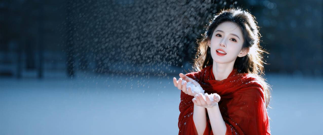 冬天 红色裙子美女 手捧着雪3440x1440带鱼屏壁纸