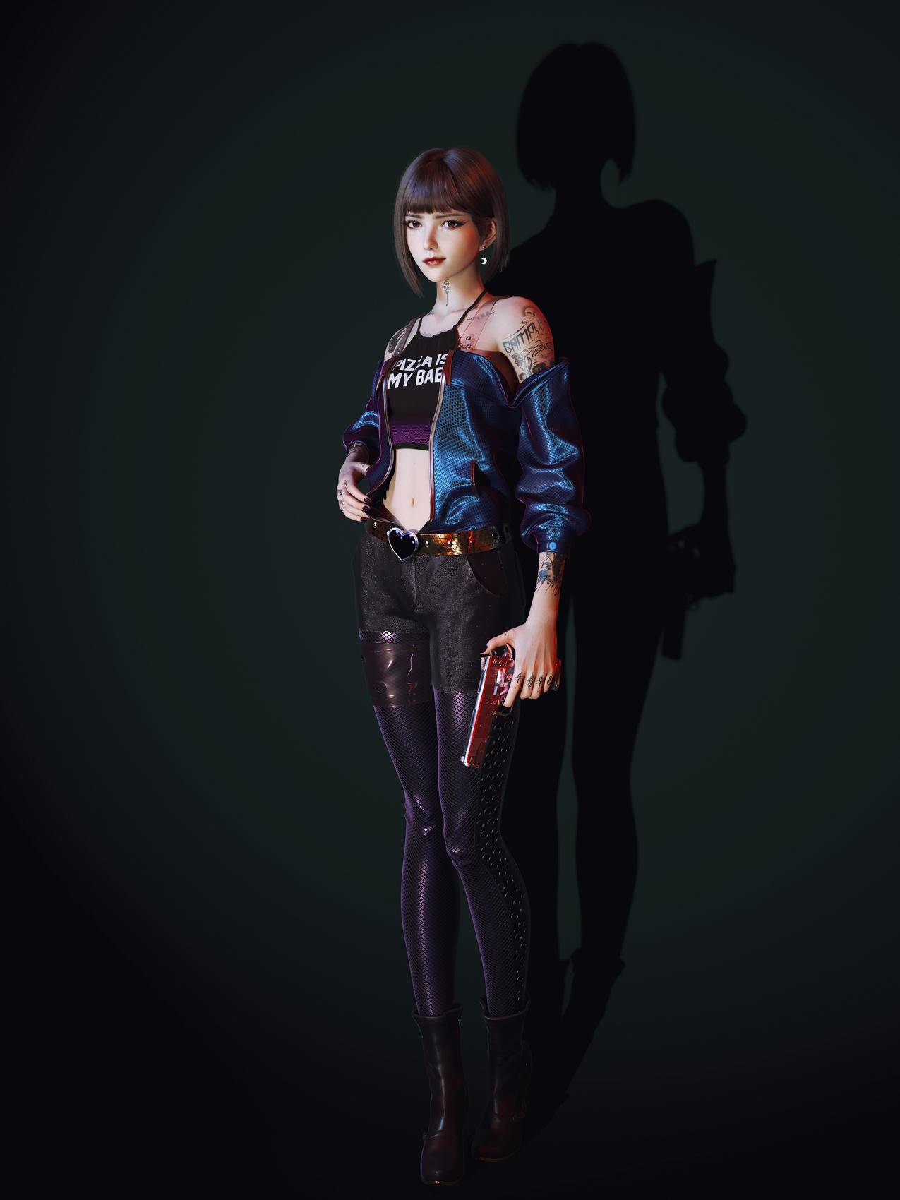 短发女孩 帅气 皮衣皮裤 纹身 影子 4K高清动漫壁纸