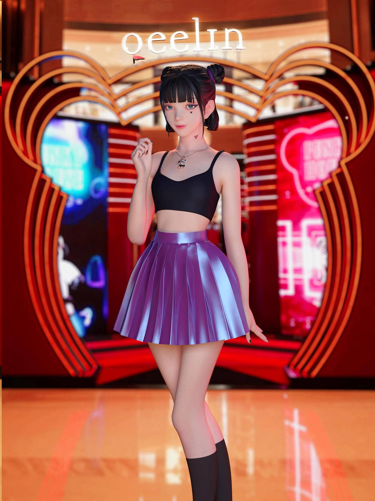 集原美 紫色短裙 美腿 黑色袜子 高清3k全面屏手机壁纸