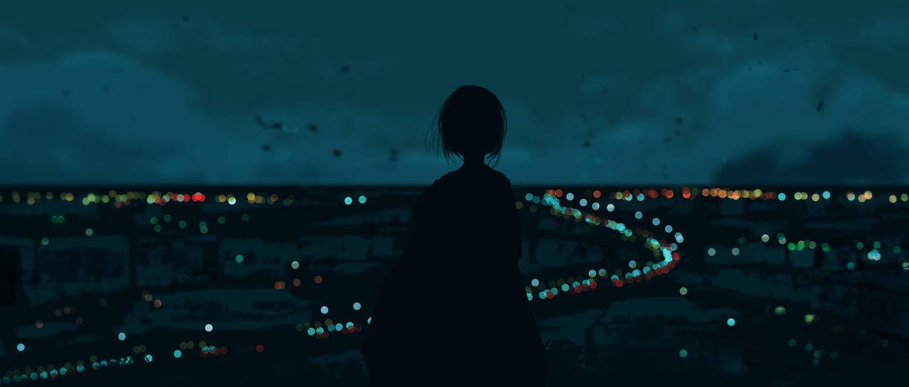 夜晚天空 城市灯光 动漫女孩 背影 眺望远方 5K壁纸