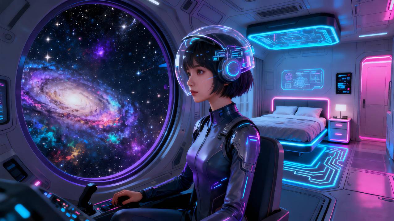 太空舱 短发美女 赛博朋克 科幻星空 房间 床4k壁纸3840x2160