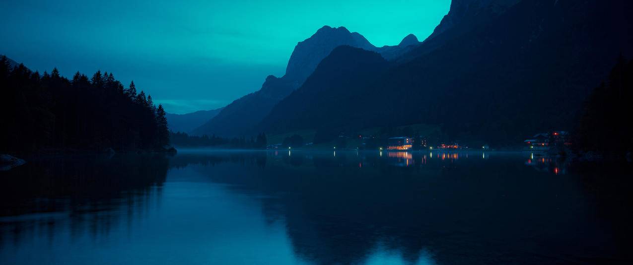 静谧山水湖泊夜景3440x1440带鱼屏壁纸