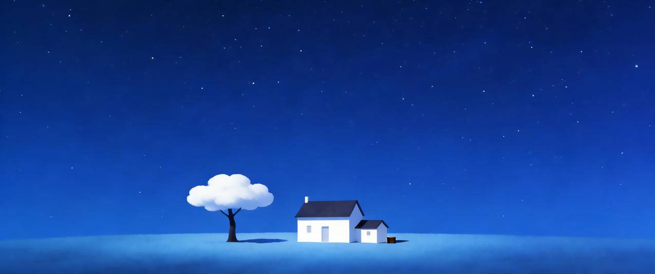 星空 小树 小房子 干净 极简主义3440x1440带鱼屏壁纸