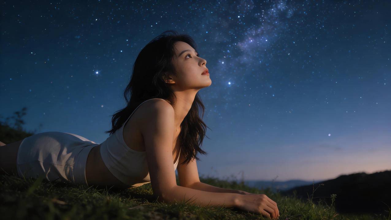 趴在草地上看星空的美女4k壁纸