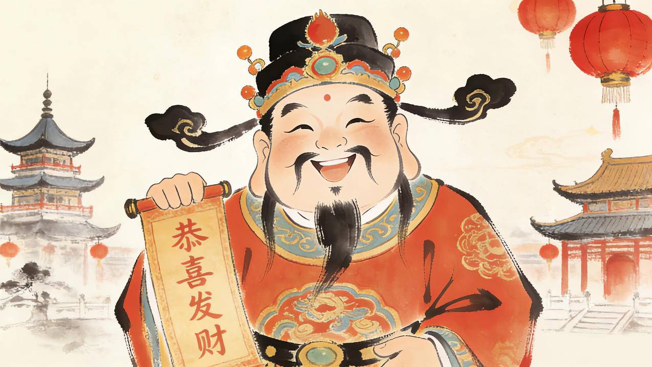 财神 恭喜发财 水墨风 4K电脑壁纸