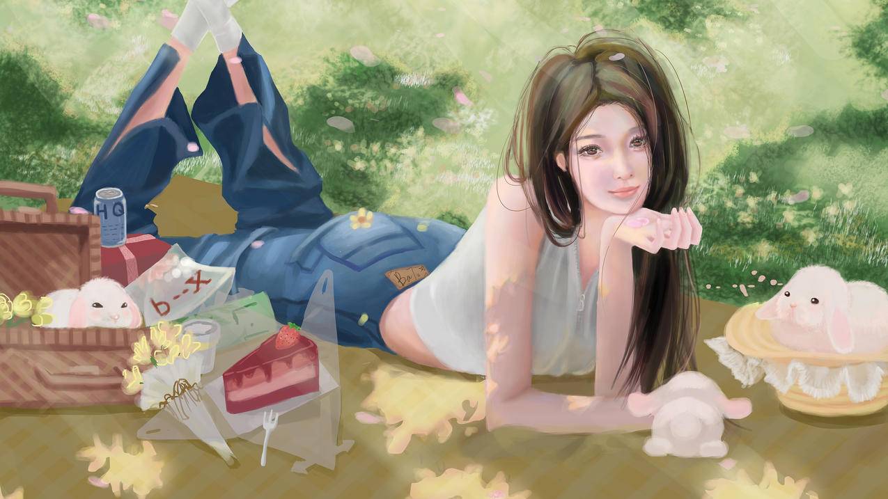 巴图BaTu 原创 野餐 树荫 草地 女孩 兔子 花瓣 5K高清动漫壁纸