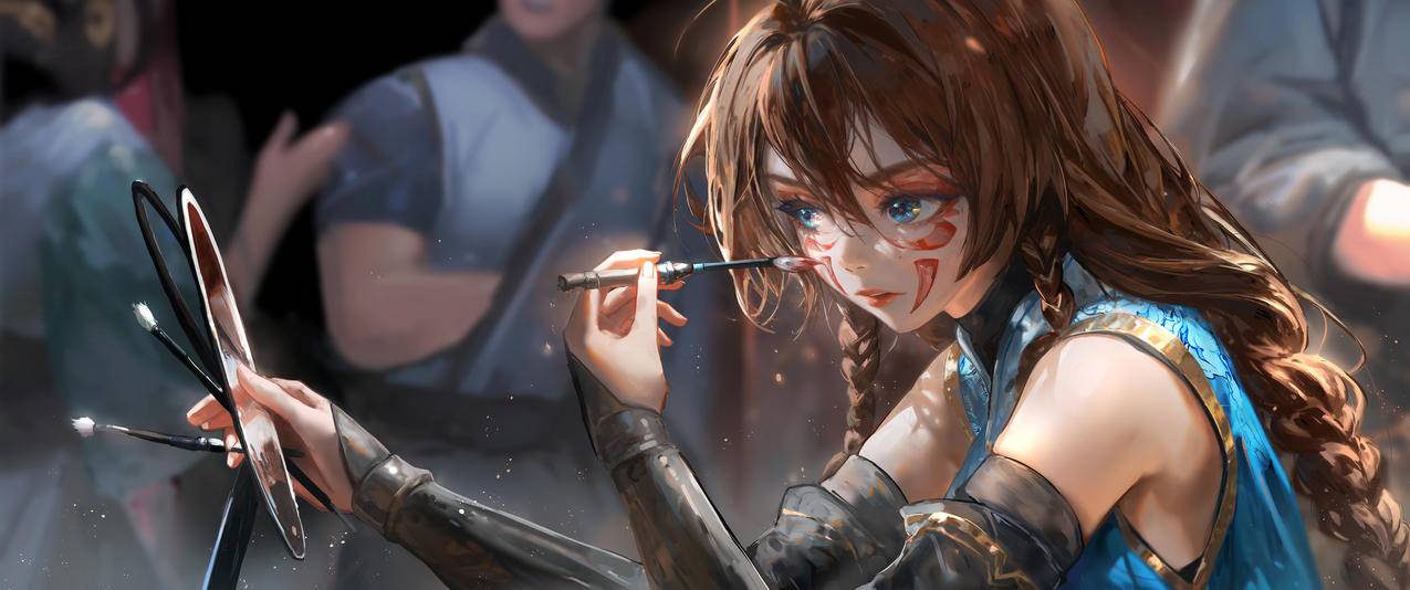 动漫女孩 蓝色眼睛 化妆 镜子 3440x1440带鱼屏壁纸