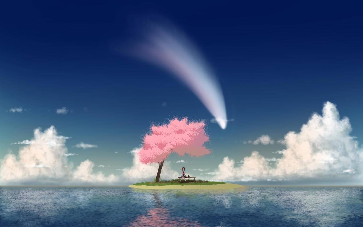 女生 小岛 树 唯美动漫人物风景 4K壁纸 3840x2400