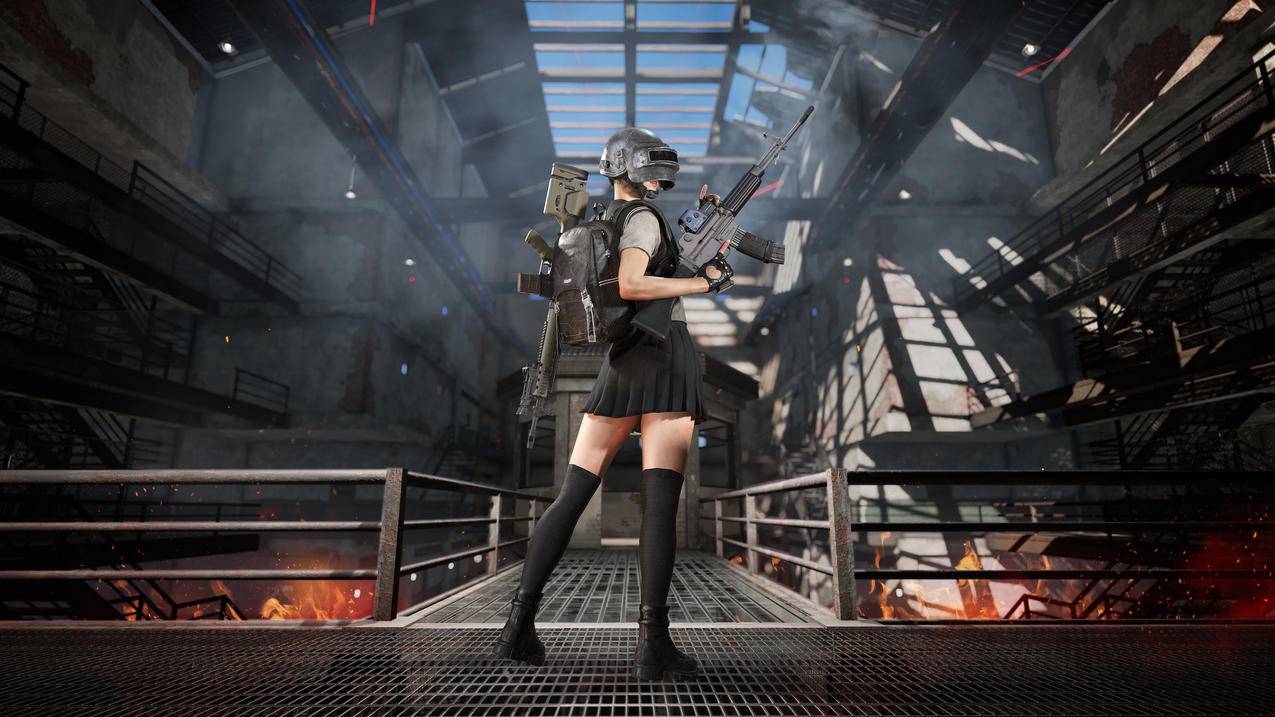 绝地求生PUBG 女孩 长枪 校服 火焰 5K高清游戏壁纸