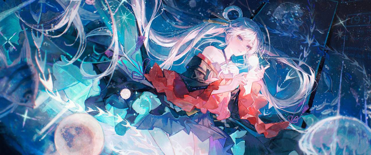 蓝色的眼睛 月之公主 连衣裙 水母 3440x1440带鱼屏动漫壁纸