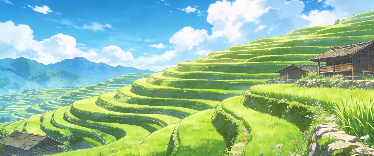 绿色梯田 蓝天白云 绘画风景3440x1440带鱼屏壁纸