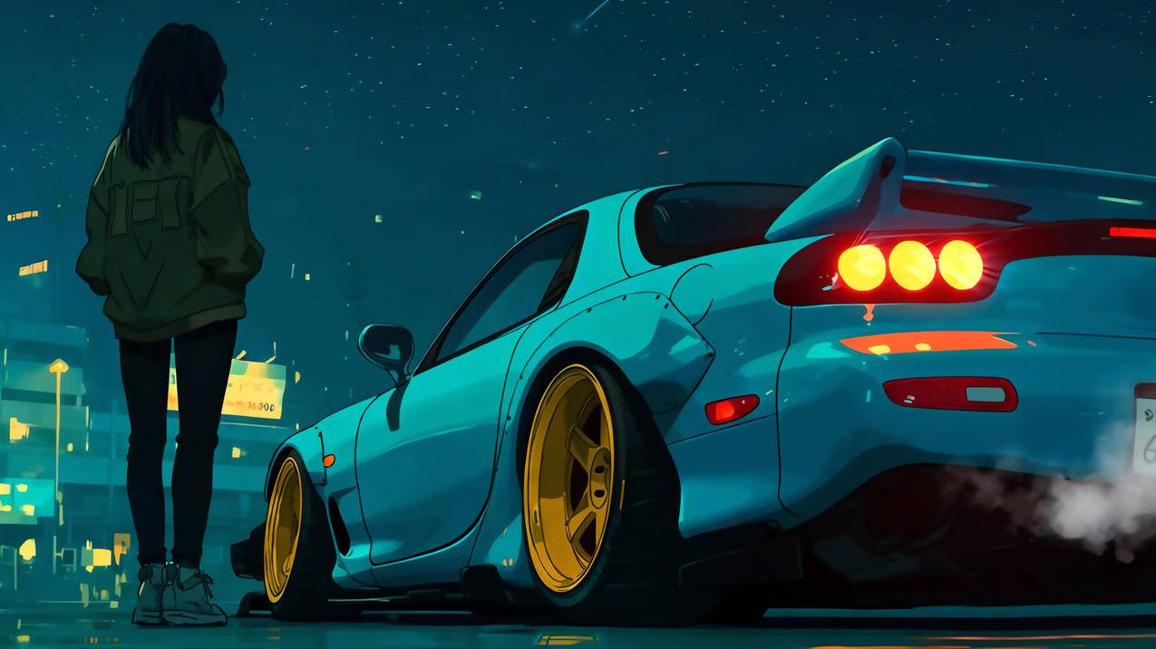 夜晚星空 少女与跑车 赛博朋克风 4K壁纸 3846x2160