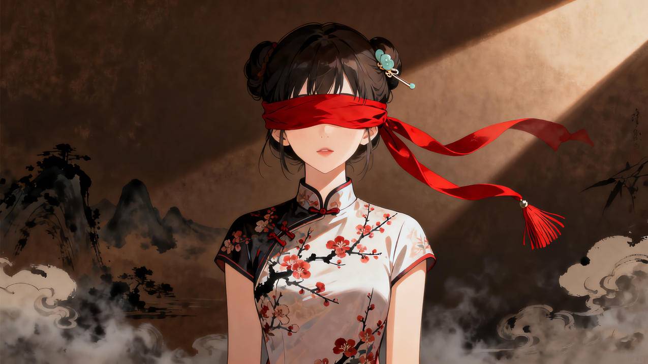 国风 蒙眼美女 旗袍 光影 水墨画4k壁纸3840x2160