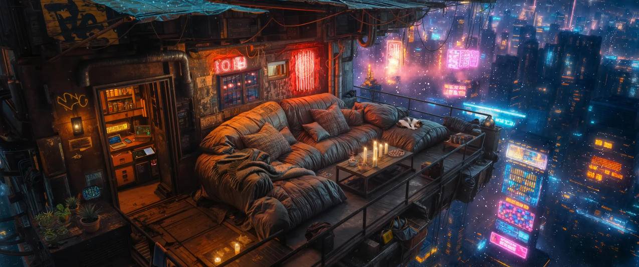 迷幻赛博朋克城市 高层空中露台 动漫风景 3440x1440带鱼屏壁纸免费