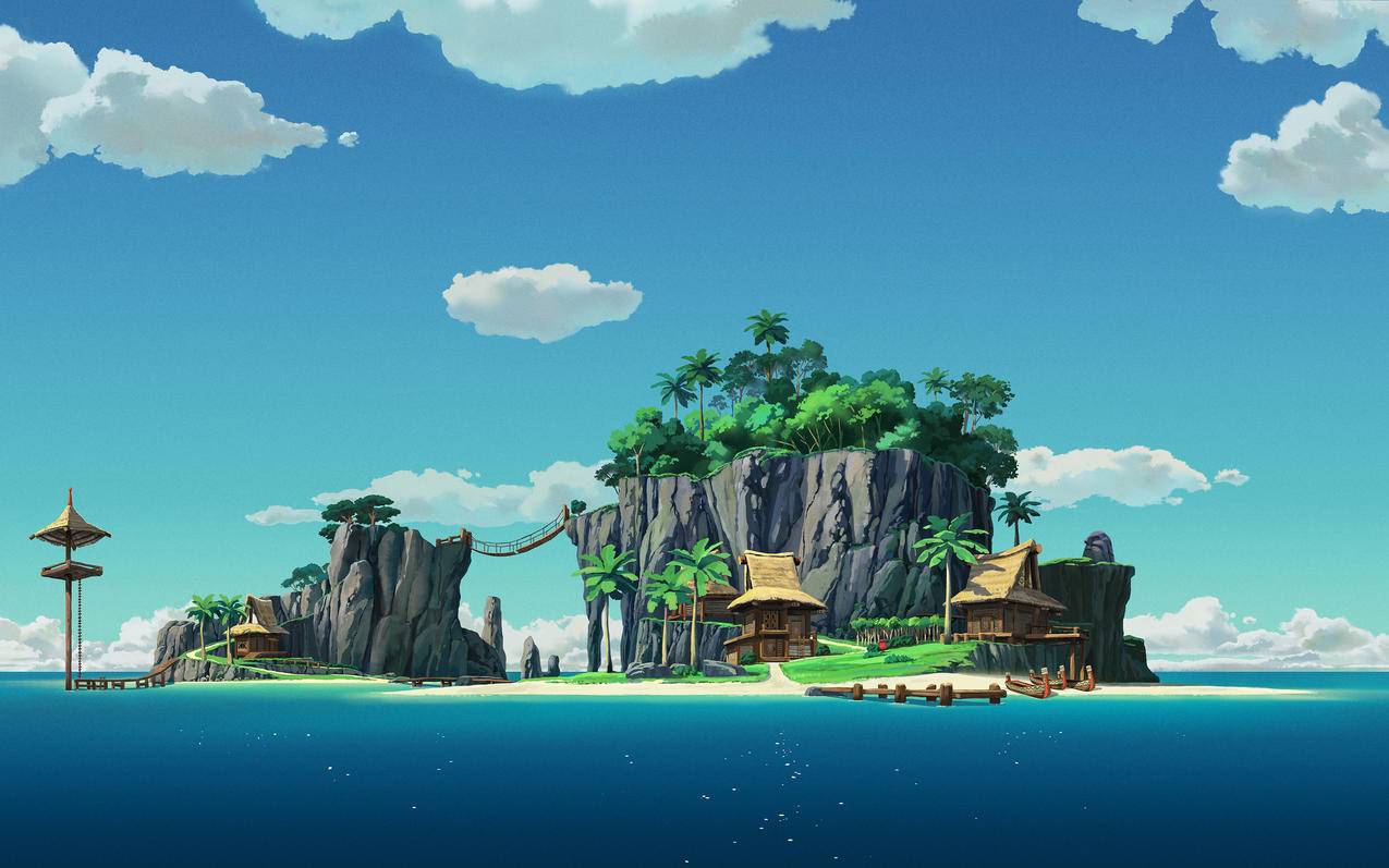 天空云 小岛 棕榈树 日光 大海 海滩 房子 车机壁纸横屏风景 3200x2000