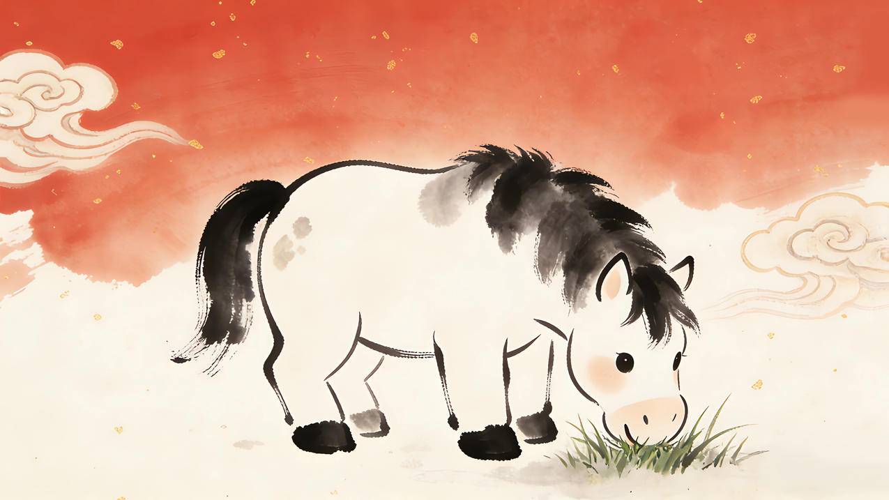 2026马年图片 可爱小马吃草 水墨画 4K壁纸
