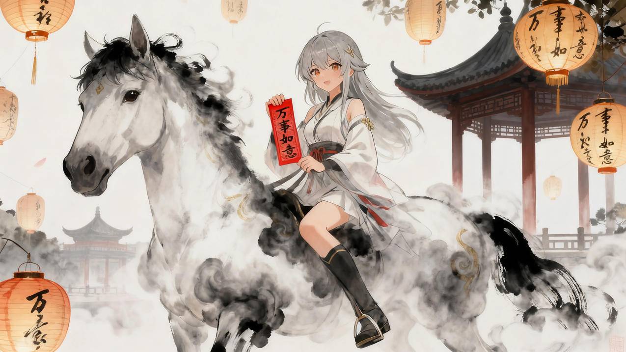 2026年马年 万事如意 古风 水墨画 马 女孩 4k壁纸