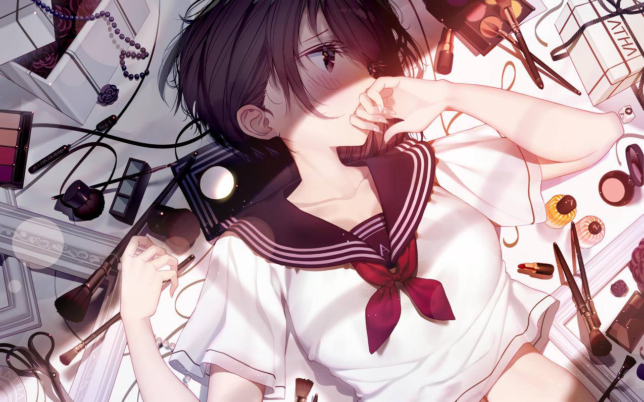女子 水手服 短发 化妆品 可爱 4K高清动漫壁纸