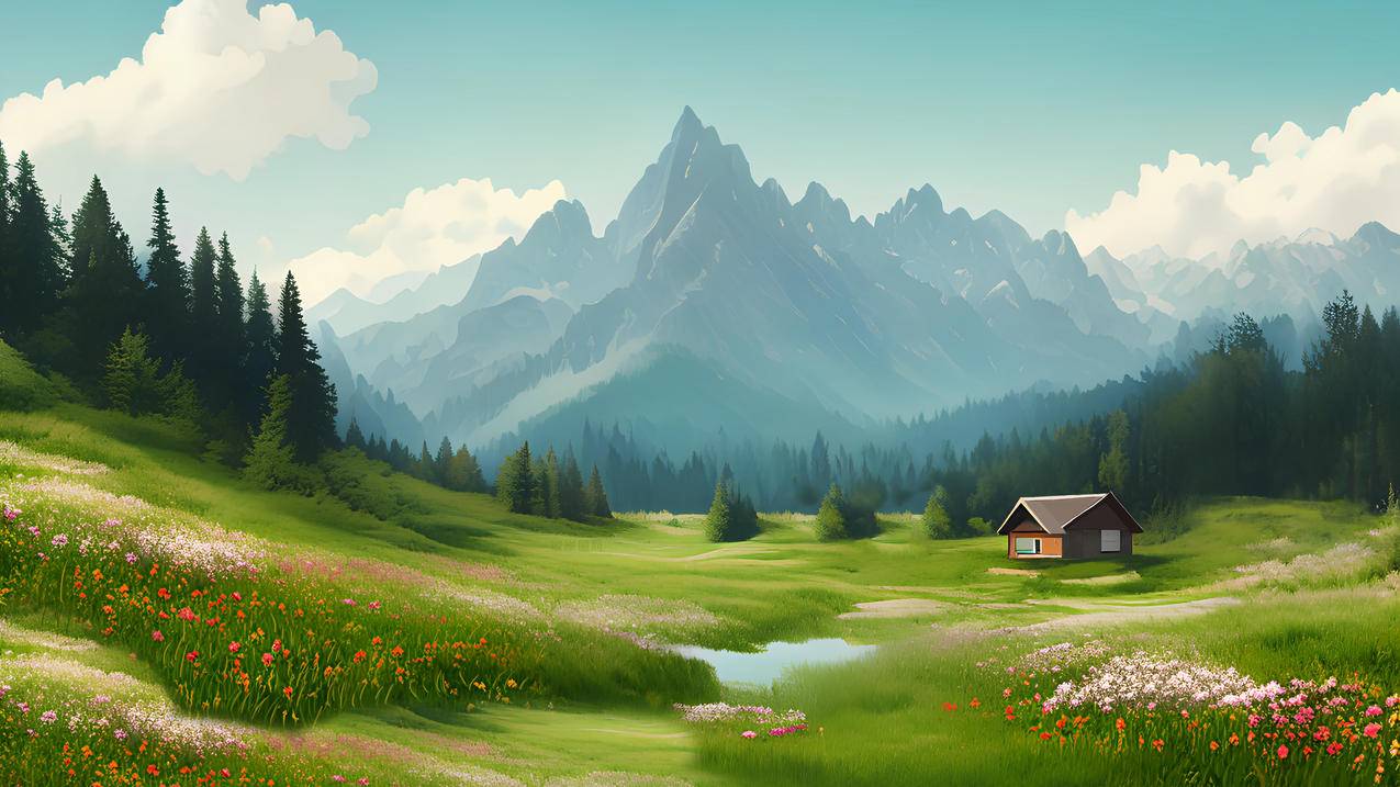 彼岸 ai绘画 美丽风景 阿尔卑斯山 树林 小房子 绿草地 鲜花 护眼4K壁纸